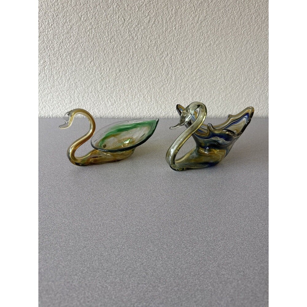 Vintage Hand Blown Art Glass Swan Dishes - Murano Style Blue Green Amber 8”